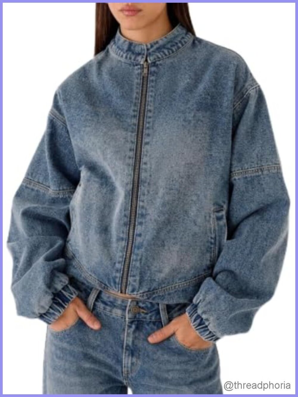 Oversized Fit Denim Bomber Jacket with Front Metal Zip Closure